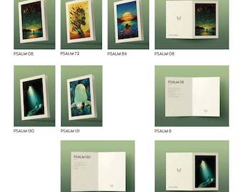 May include: A collection of greeting cards with various landscape illustrations. Each card features a unique artwork, including scenes of sunsets, starry nights, and figures in nature. The text "PSALM" followed by a number is printed on each card.