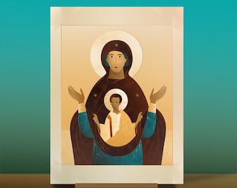 May include: A painting of a woman with a halo holding a child. The woman is wearing a dark blue robe with gold accents. The child is wearing a white robe with gold accents. The painting is on a canvas and is framed in a wooden frame.