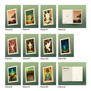 May include: A collection of greeting cards with various illustrations. The cards feature images of landscapes, abstract figures, and celestial scenes. Each card is labeled with a Psalm number, such as Psalm 23, 31, 78, 22, 94, 103, 105, 115, 121, and 150.