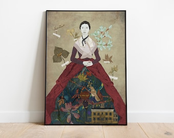 May include: A digital art print of a woman in a red dress with a floral pattern. The dress is filled with flowers and a small house. The woman has a pale complexion and dark hair.