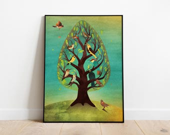 May include: A framed art print featuring a stylized tree filled with various birds. The artwork has a teal and yellow background with a brown tree trunk and branches. Several birds are perched on the branches.