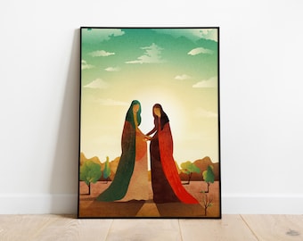 May include: Two women in long robes, one green and one red, stand facing each other with their hands clasped. They are in a desert landscape with a few trees and a cloudy sky.