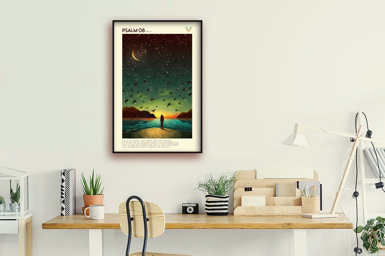 May include: A framed print featuring a dark blue background with a silhouette of a person standing on a beach, gazing out at the ocean. The sky is filled with stars and a crescent moon. The print includes the text "PSALM 08" at the top and a verse from the Bible beneath the image.