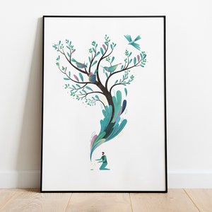 May include: A framed illustration of a person kneeling and releasing a stream of colourful leaves from their hands, which transforms into a tree with birds perched on its branches.