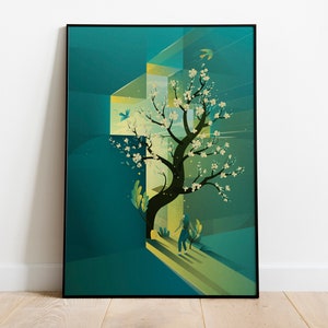 May include: A framed abstract art print featuring a stylised tree with white blossoms, a person walking through a doorway, and birds flying in a teal blue and green background.
