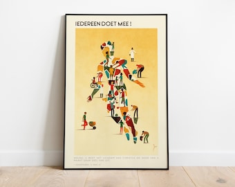 May include: A poster with a colorful illustration of a person made up of smaller people. The poster has the text "IEDEREEN DOET MEE!" at the top and the text "WELNU U BENT HET LICHAAM VAN CHRISTUS EN IEDER VAN U MAAKT DAAR DEEL VAN UIT" at the bottom.