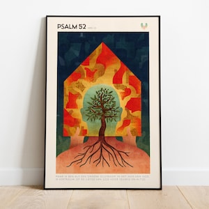 Op de afbeelding: Een poster met een kleurrijk abstract ontwerp van een boom die uit een hoofd in een huis groeit. De tekst "PSALM 52" en "MAAR IK BEN ALS EEN GROENE OLIJFBOOM IN HET HUIS VAN GOD. IK VERTROUW OP DE LIEFDE VAN GOD VOOR EEUWIG EN ALTIJD" staat onderaan gedrukt.