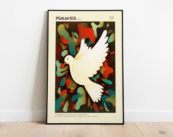 May include: A poster with a white dove flying against a background of colorful abstract shapes. The poster has the text "PSALM 103 VERS 8" and "LIEDEFVOL EN GENADIG IS DE HEER. HIJ BLIJFT GEDULDIG EN GROOT IS ZIJN TROUW" at the bottom.