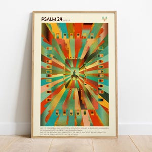 Puede incluir: Una lámina de arte mural rectangular titulada PSALM 24 VERS 7-8 que presenta una ilustración central de una figura sobre un burro rodeada de rayos radiantes en rojo, naranja, amarillo y azul verdoso. La parte inferior contiene texto en neerlandés.