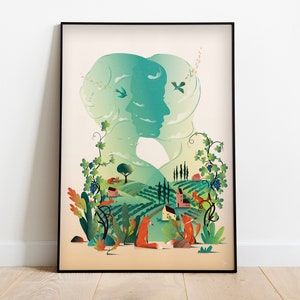 Pode incluir: Uma ilustração digital de duas silhuetas femininas com um degradado verde e azul. As silhuetas estão cheias de uma cena de paisagem com colinas, árvores, casas e raposas.