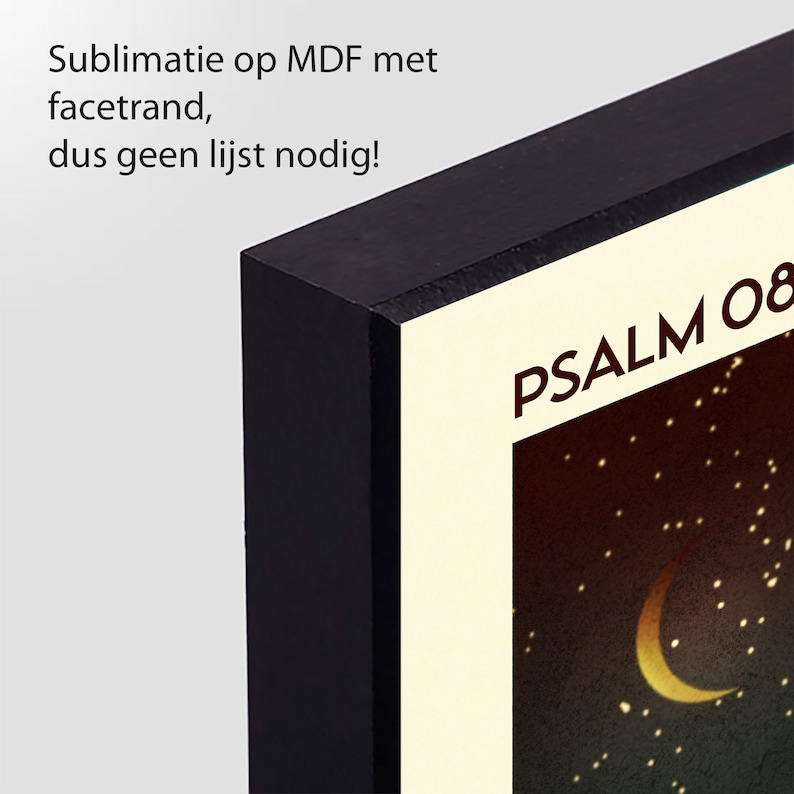 May include: A black framed print with the text "PSALM 08" in white. The print features a crescent moon and stars on a dark green background.