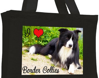 I Love Border Collies Cotton Shopping Bag with gusset and long handles, 2 colour options