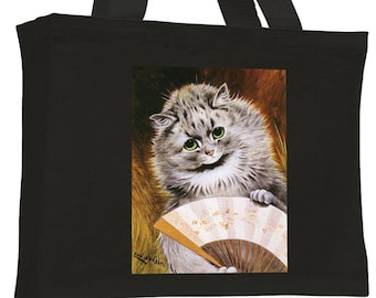 Louis Wain Cat with Fan Cotton Shopping Bag with gusset and long handles,