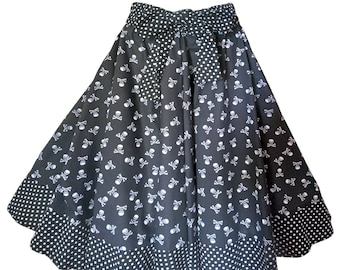 1950s Vintage Retro Rockabilly Circle Skirt, Skulls n Polka Dots Wide waistband. Built in Tie belt Handmade. Choice of sizes