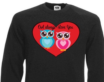 Owl Love Sweatshirt. Fleecy Lined Ribbed Cuffs and Neckmens/womens