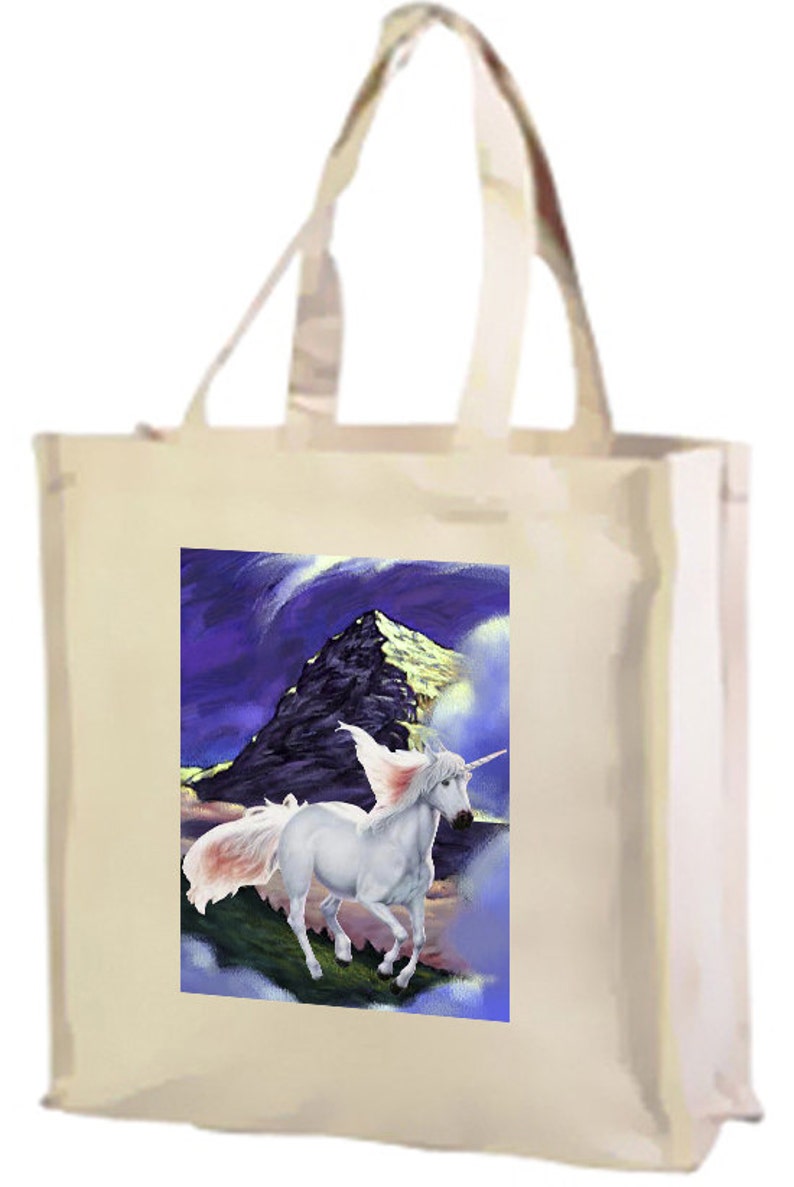 Mountain Unicorn Fantasy Cotton Shopping Bag with gusset and long handles