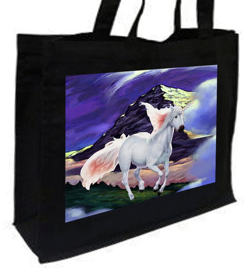 Mountain Unicorn Fantasy Cotton Shopping Bag with gusset and long handles