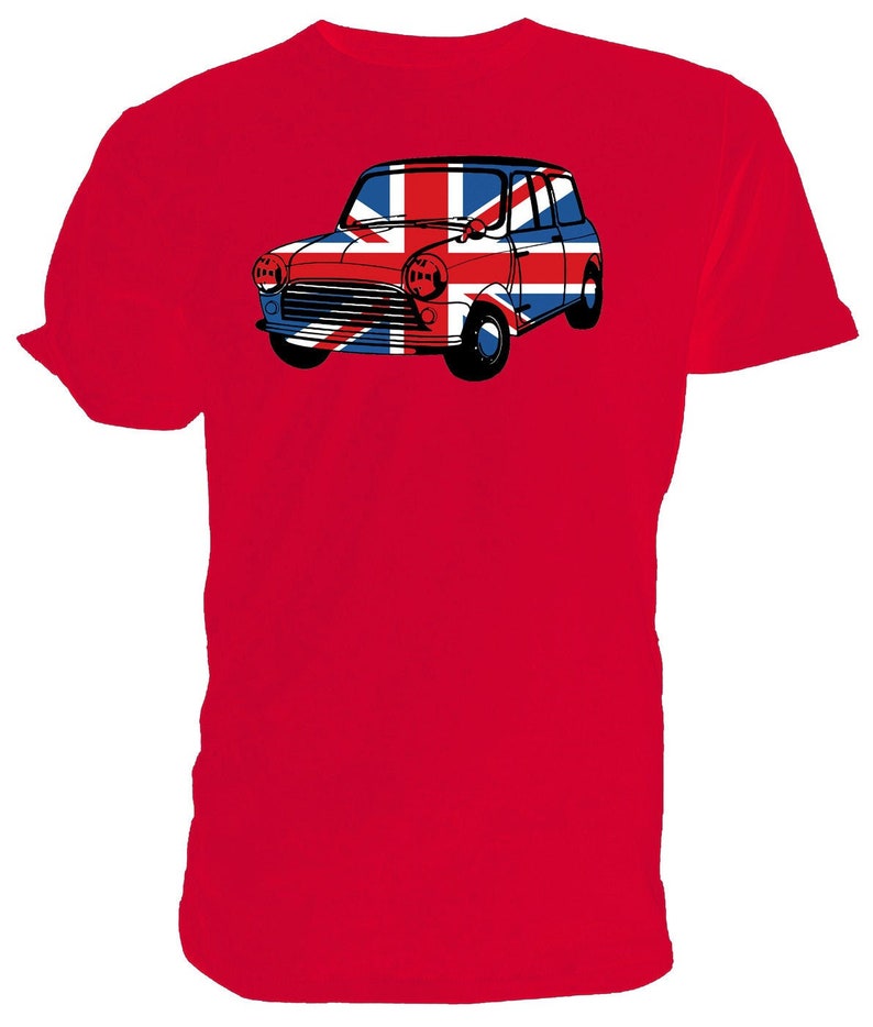 Best of British Union Jack Flag Mini Car T shirt. classic round neck short sleeved choice of sizes and colours Mens/womens 