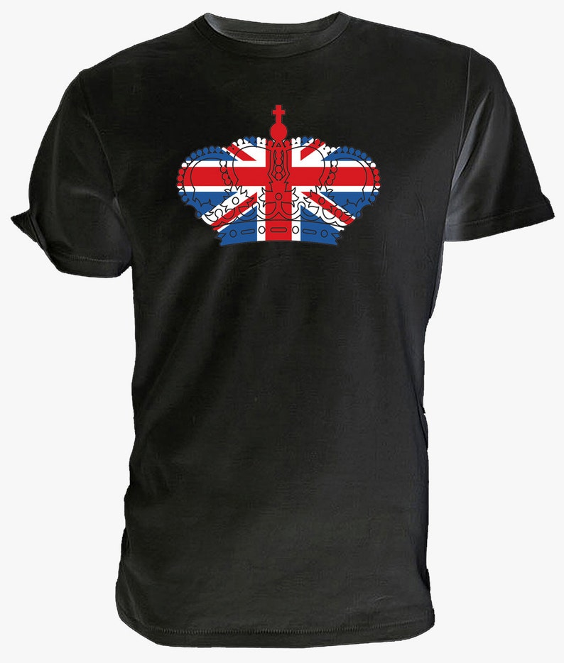 Best of British Union Jack Flag Crown T shirt. classic round neck short sleeved choice of sizes and colours Mens/womens 