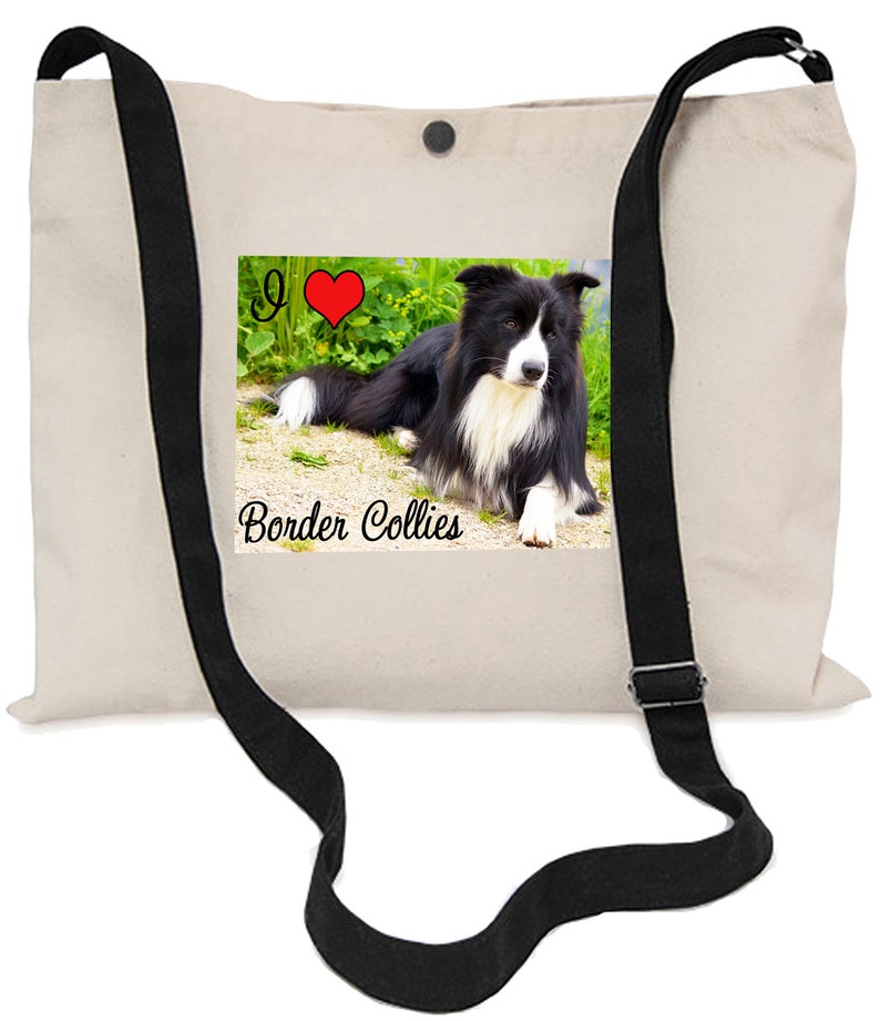 150cm Long black adjustable strap Border Collie Canvas Musette Bag 40x30cm