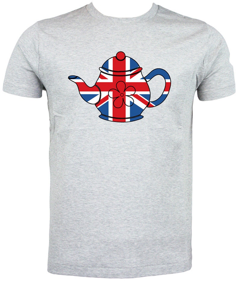 Best of British Union Jack Flag Teapot T shirt. classic round neck short sleeved choice of sizes and colours, Mens/womens 