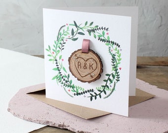 Engraved Tree Slice Anniversary Card | Couples Valentine's Day Card, Engraved Initials in Wooden Tree Slice, Perfect for Valentine's Day