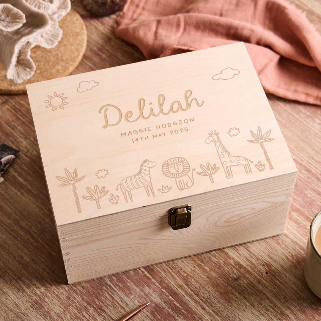 Safari Animals Wooden Memory Keepsake Box | Custom Engraved Wooden ...