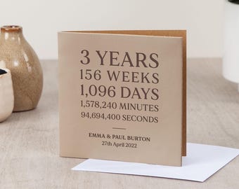 3 Years Together Leather Anniversary Card | 3rd Anniversary Gift | Engraved Genuine Leather