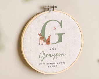Personalised Woodland Animals Baby Initial Printed Hoop | Custom Newborn Baby Gift | Christening Gift for Girls