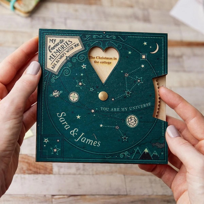 Two hands holding a blue wooden planisphere
