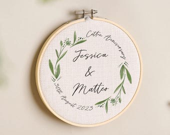 May include: A white embroidery hoop with a green floral wreath design. The text "Cotton Anniversary" is written above the names "Jessica & Matteo" and the date "30th August 2023".