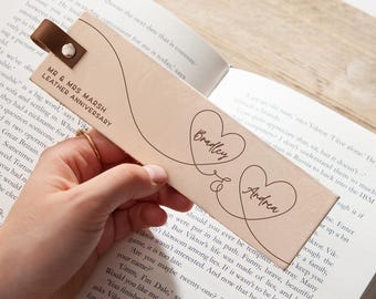 Names in Hearts Engraved Leather Bookmark | 3 Year Anniversary Gift | For Couples | Personalised Leather Anniversary Gift