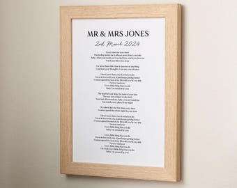 Wedding Vows or Song Lyrics Paper Anniversary Print | 1st Anniversary Gift for Couples | Paper Gift for Anniversary