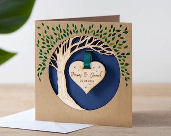 Wooden Anniversary Hanging Heart Tree Keepsake Card