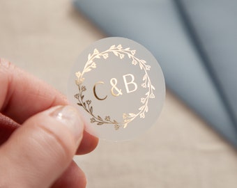 Initials and Wreath Foiled Wedding Stickers