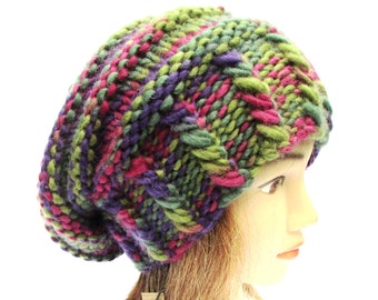 Multi colored hat - hand knit slouchy beanie hat - warm winter knit hat - slouch hat purple pink and green mix hat - chunky knit wool hat