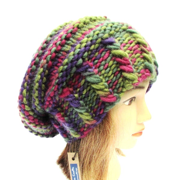 Multi colored hat - hand knit slouchy beanie hat - warm winter knit hat - slouch hat purple pink and green mix hat - chunky knit wool hat