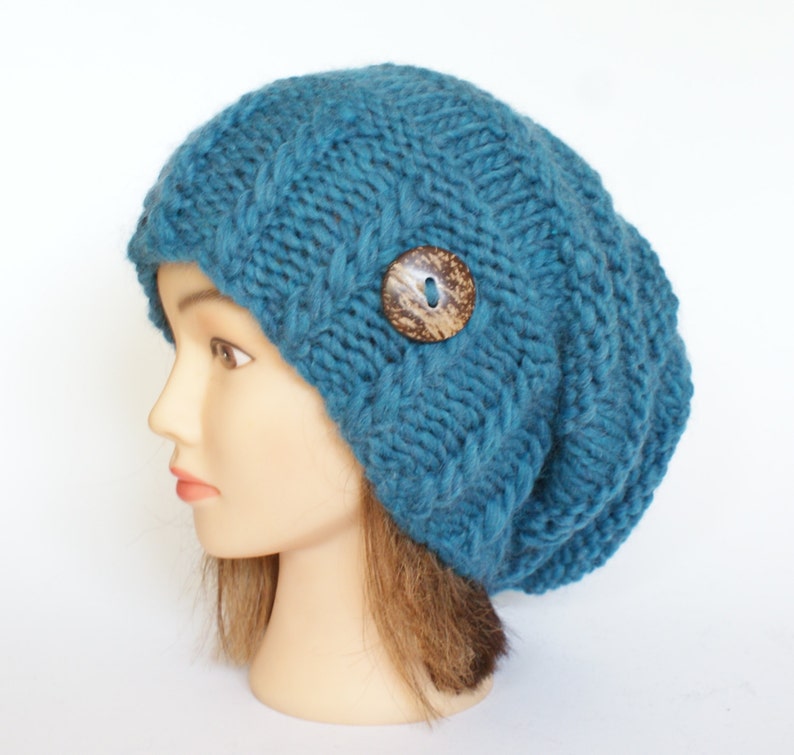 Slouchy beanie hat wool petrol blue slouch hats beanies irish handknit hat knitted hats for women adult teenager with button cool accessory 