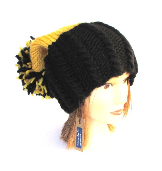 Items similar to Irish knit black and yellow hat slouchy 