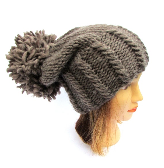 Taupe Slouchy Metallic Knit Beanie Hat