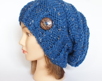 Blue Tweed slouch hat women - beanies hat - Slouch Beanie - chunky hat - Chunky Knit Accessory , Slouchy hat, birthday present, gift for her