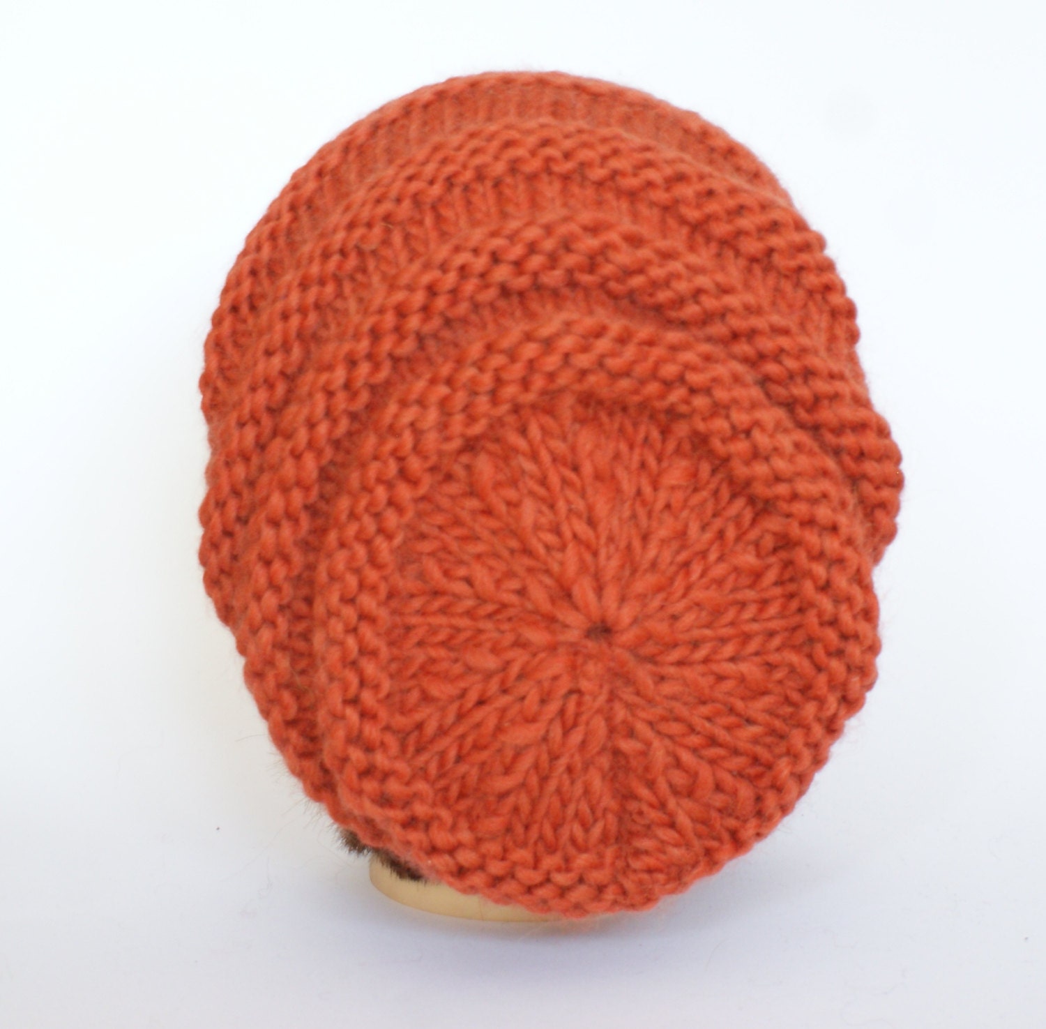Bobble Hat in Burnt Orange Chunky Yarn With Grey Pom Pom 
