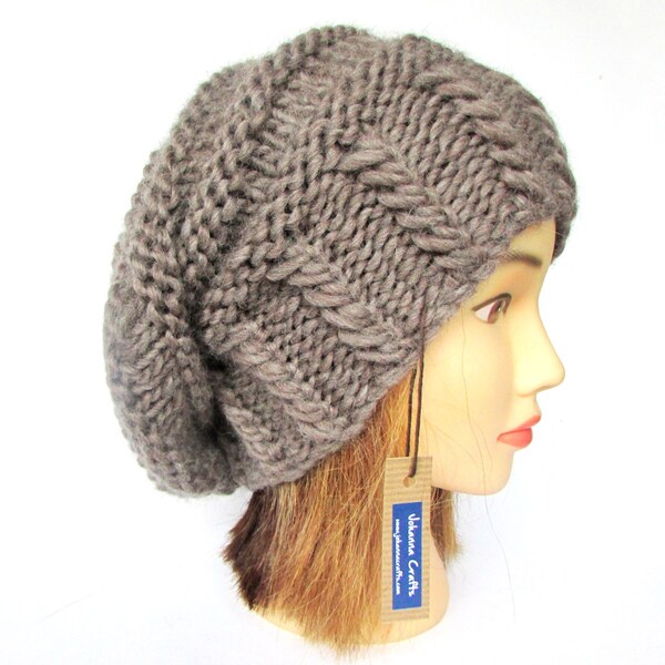 Slouchy beanie hat taupe slouch hat chunky knit slouchy hat Irish knit accessories for women with button warm winter hat wool birthday gift