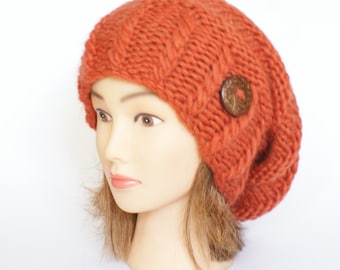 Slouchy beanie hat burnt orange hat accessories for women hats with button gift for her irish knit hat chunky knit warm winter tangerine hat