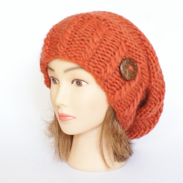 Slouchy beanie hat burnt orange hat accessoires pour femmes chapeaux avec bouton cadeau pour son chapeau en tricot irlandais chunky tricot chaud hiver mandarine chapeau