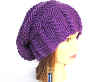 Bright purple slouchy beanie hat slouch hats beanies purple accessory for women chunky knitted hat irish hand knit pure wool hat with button