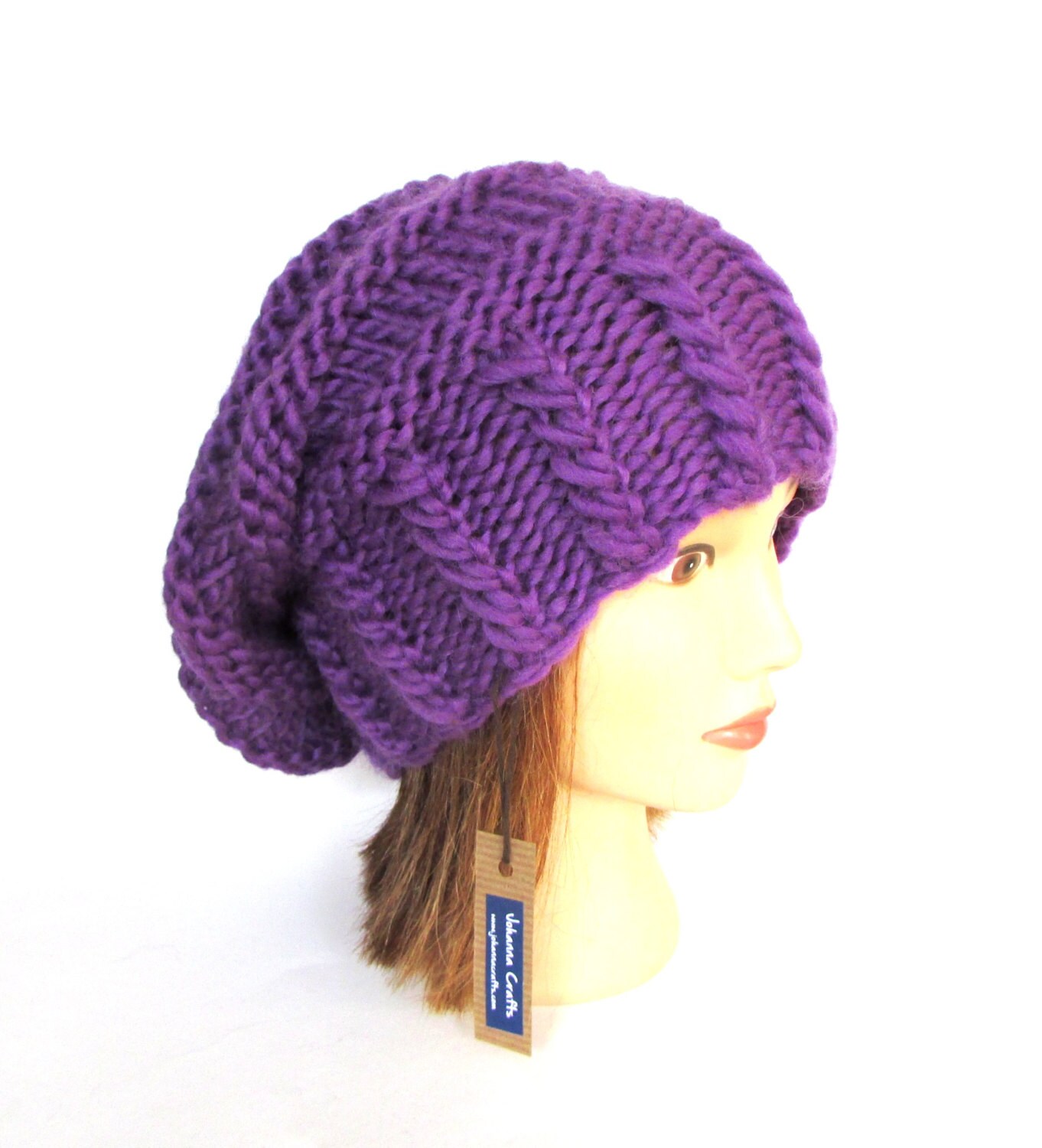 Bright purple slouchy beanie hat slouch hats beanies purple accessory for women chunky knitted hat irish hand knit pure wool hat with button