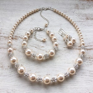 SWAROVSKI parel bruidsketting, bruiloft sieraden set voor bruid, dikke parelketting, cadeau voor dochter op haar trouwdag bruids parel set
