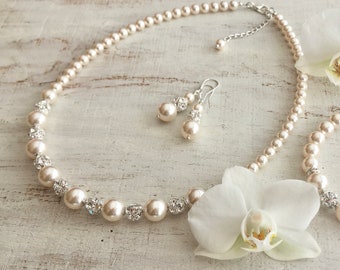 Braut Perlen Schmuck Set: Swarovski Perlen Kette, Armband & Sterling Silber Ohrringe
