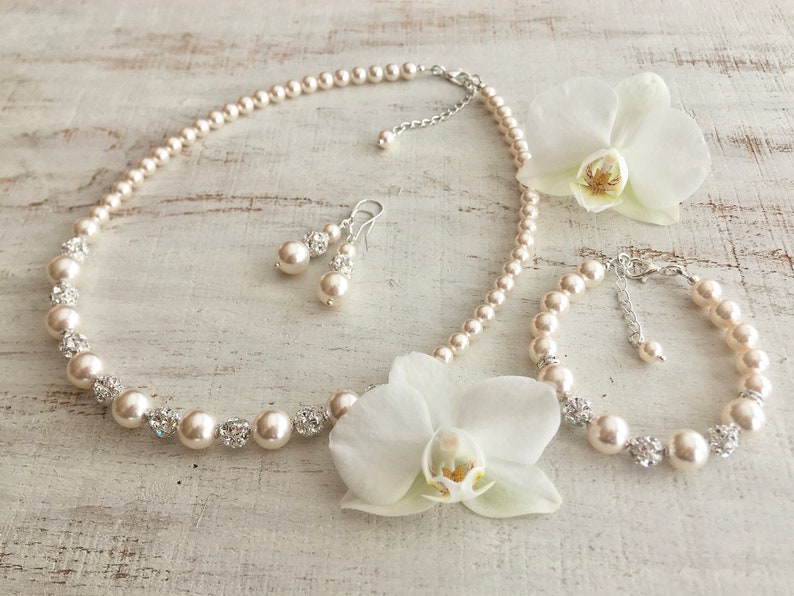 Bridal Pearl Jewelry Bridal Jewelry Set Pearl Jewelry Set Wedding Pearl Necklace Wedding Jewelry Set for Brides and Bridesmaids Swarovski image 1